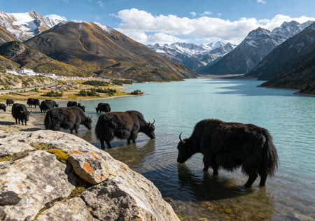 Yak in the lake at Yading national level reserve, Daocheng, Sichuan Province, China.の素材