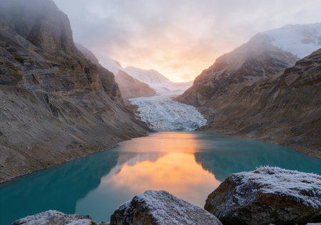 Mountain lake in the Himalayas at sunrise, Nepal.の素材