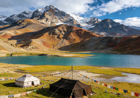 Tibetan tent and lake in Yading national level reserve, Daocheng, Sichuan Province, Chinaの素材