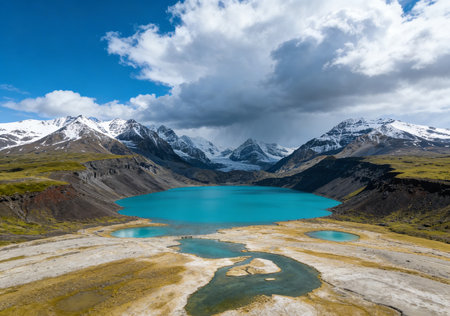 Panoramic view of turquoise lake in Cordillera Blanca, Peruの素材