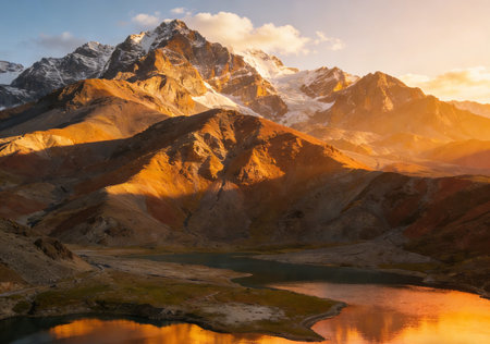 Mountain lake at sunset in Cordillera Huayhuash, Peruの素材