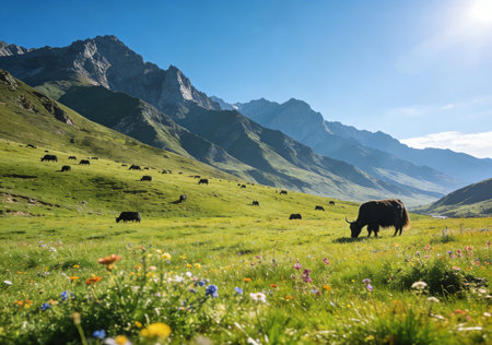 Yaks grazing in the alpine meadow in the Swiss Alpsの素材