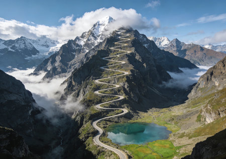 Mountain road in the clouds on a sunny day. Switzerland.の素材