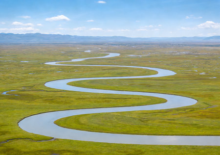 Aerial view of a small river in the Mongolian steppeの素材
