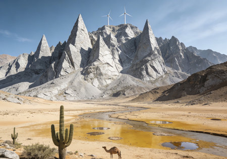 Beautiful landscape in the desert with camel and mountains in the backgroundの素材