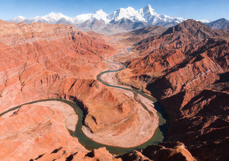 Aerial view of Horseshoe Bend and Lake Mead, Nevada, USAの素材