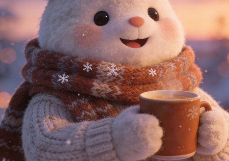 Cute snowman with cup of hot coffee in winter, closeupの素材