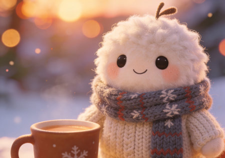 Cup of coffee with cute snowman and scarf on winter backgroundの素材