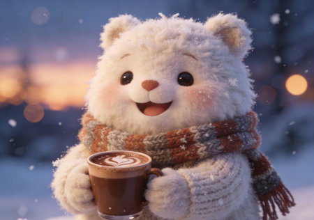 Cute teddy bear with cup of hot coffee on winter backgroundの素材