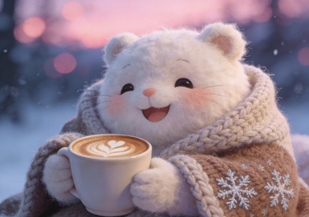 Cute teddy bear with a cup of coffee on winter backgroundの素材