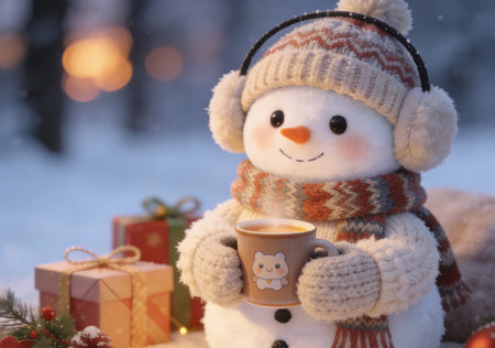 Cute snowman with cup of hot tea on winter background.の素材