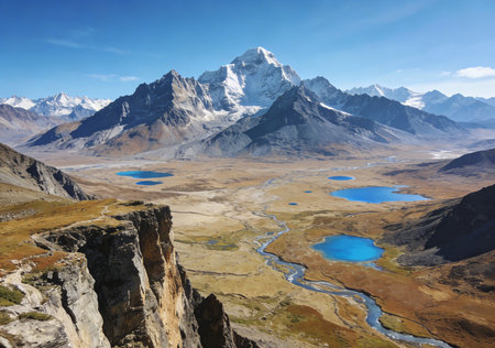 Mountain landscape with lake and blue sky in Cordillera Blanca, Peruの素材