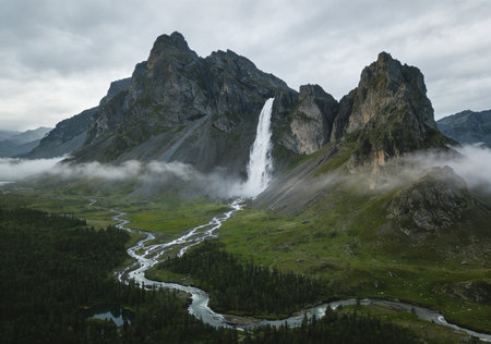 Waterfall in the mountains of Dolomites, South Tyrol, Italyの素材