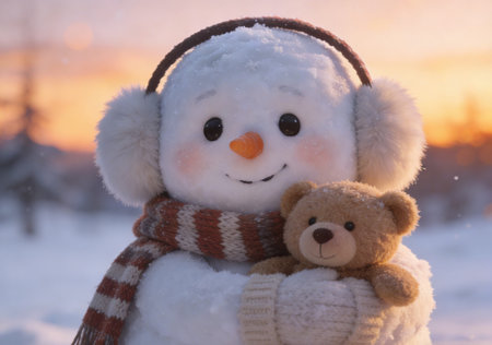 Christmas snowman with teddy bear and warm scarf on the background of sunsetの素材