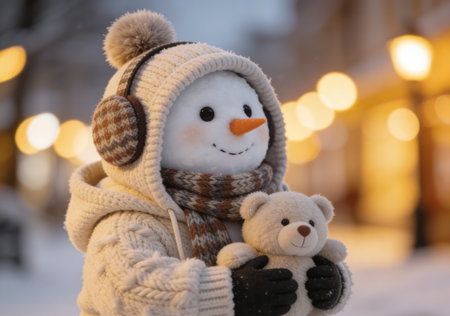 Cute snowman with teddy bear on street at winter dayの素材