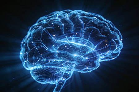 3d rendering of a human brain with glowing particles on black backgroundの素材