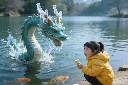 Japanese girl playing with a dragon statue in the lake, Japan.の素材