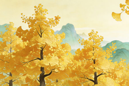 ginkgo tree in autumn season with mountain background, digital paintingの素材