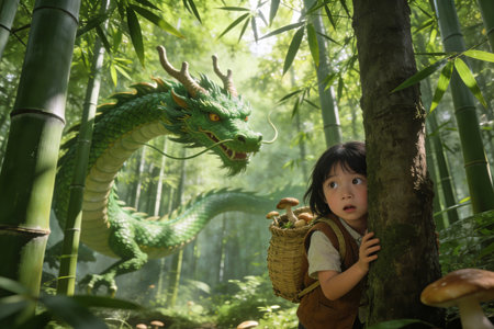 Asian Chinese little girl playing with a dragon in the bamboo forest.の素材