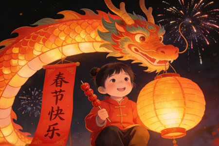 Chinese New Year Lantern Festival with cute little boy holding firecrackerの素材
