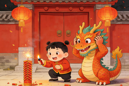 Chinese boy and dragon celebrate chinese new year festival with firecrackerの素材