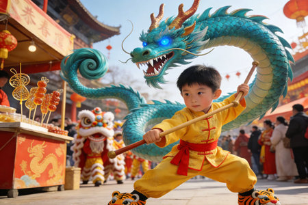 Chinese little boy in traditional costume playing dragon at chinese temple.の素材