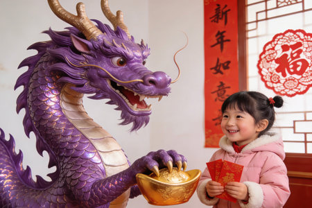Asian Chinese little girl holding red envelopes and golden dragon statue in chinese templeの素材