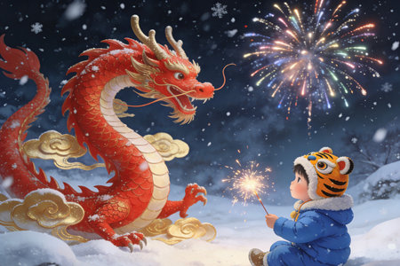 Chinese New Year of the Tiger and boy with firecracker.の素材