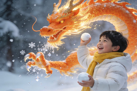 Asian Chinese little boy playing with dragon and snow in winter forest.の素材