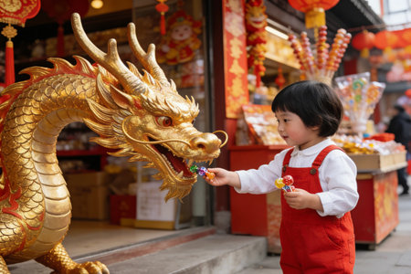 Chinese little boy holding a golden dragon in chinese temple, Chinese New Yearの素材