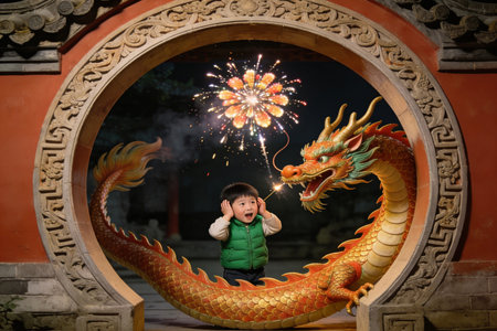 Little boy with firecracker and dragon in chinese temple.の素材