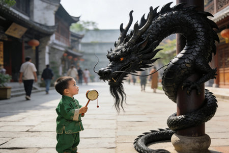 Chinese boy playing with dragon statue in Nanjing old town.の素材