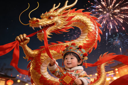 Asian Chinese little girl holding golden dragon statue during Chinese New Year celebrationの素材
