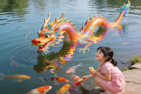Little girl and dragon statue in the pond. Chinese new year.の素材