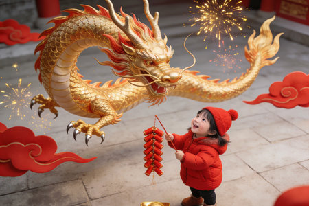 Asian Chinese little girl wearing red coat and gold dragon statue with firecrackerの素材
