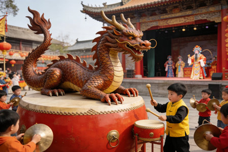 The dragon drum in the Chinese New Year festival. It is a symbol of the Chinese New Year.の素材