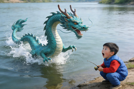 Boy playing with dragon statue in the river, Chinese dragon in Thailandの素材
