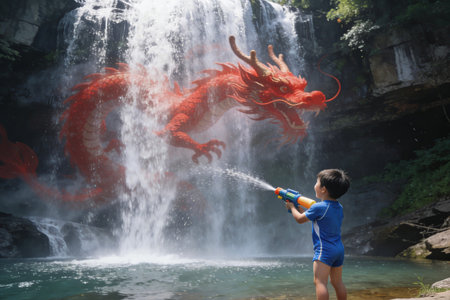 Woman spraying water on a red dragon in a waterfall, Thailand.の素材