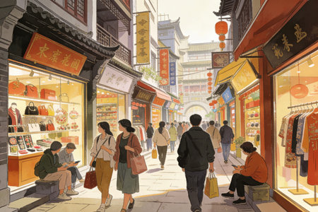 Shenzhen Xixiang ancient town, China. Illustration in digital watercolor style.の素材