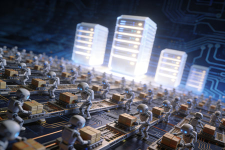 3D rendering of a group of people around a big data centerの素材