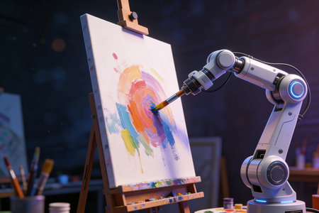 Artificial intelligence robot working on painting in art studio. Innovation and creativity concept. 3D Renderingの素材