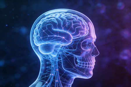 3d illustration of virtual cyborg head with wireframe mesh on dark backgroundの素材