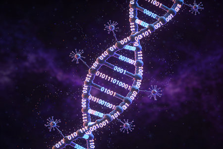 DNA molecule structure on dark background. 3D illustration. Science concept.の素材