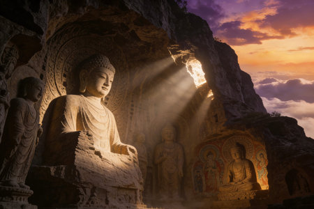 Buddha statue in Longmen Grottoes, Luoyang, Chinaの素材