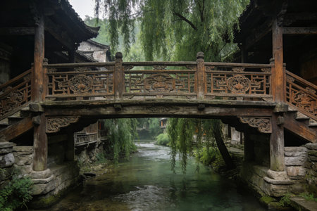 Wooden bridge over the river in ancient town of Pingyao, Chinaの素材