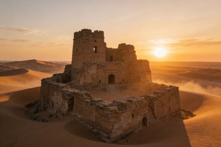 Ruins of Masada fortress in the Sahara desert at sunset, Israelの素材