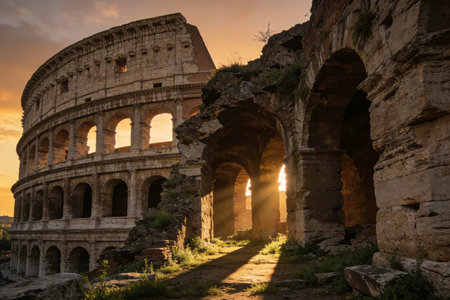 Colosseum in Rome, Italy at sunset with sun raysの素材