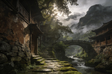 Foggy morning in the ancient town of Huangshan, Chinaの素材