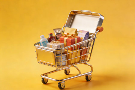 Shopping cart full of gifts on a yellow background. Christmas shopping conceptの素材