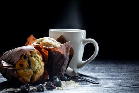 close up still life photo cup of coffee with muffins